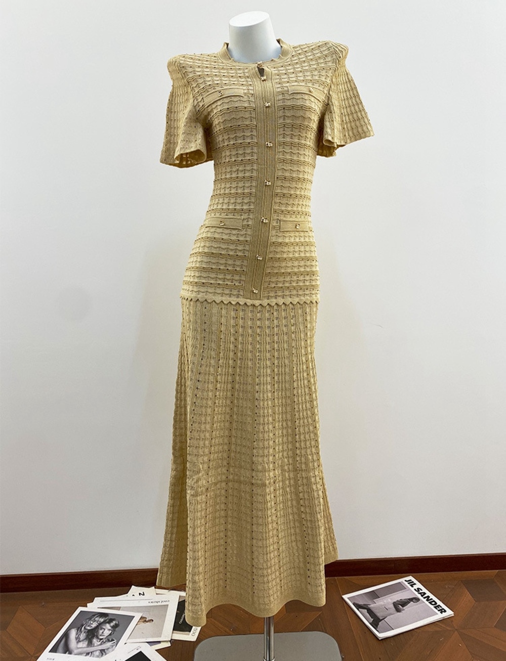 🟡Sandro Yellow Textured Knit Midi Dress Button Front Faux Pockets - Picture 9 of 12
